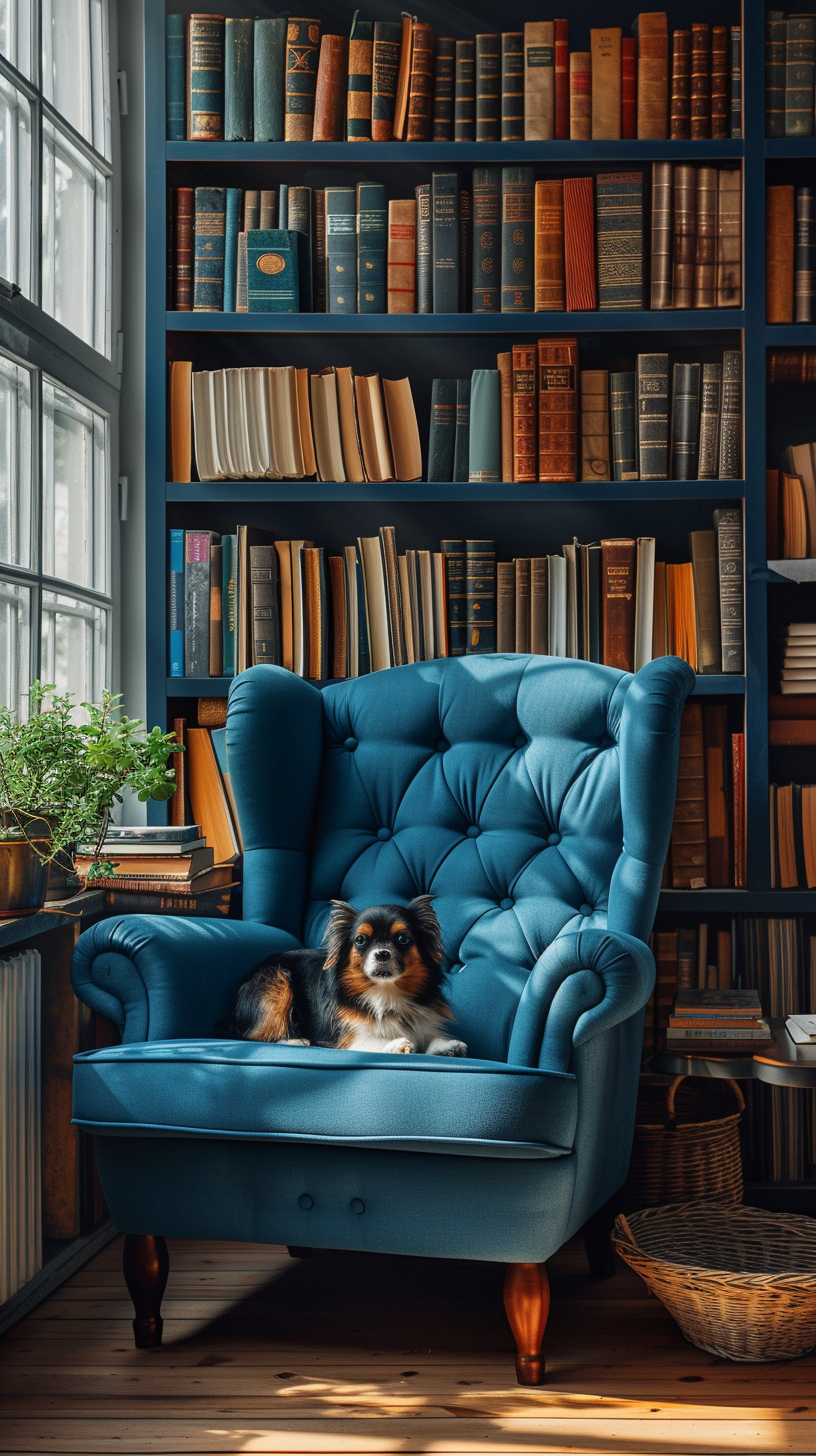 Cozy Blue Armchair with Bookcase and Dogs for Stock Photo